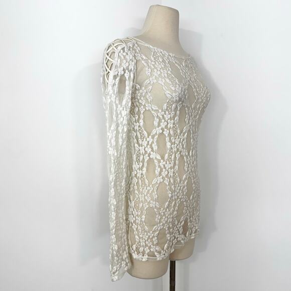 Free People Sheer Lace-Up Shoulder Stretchy Floral Top Blouse White | M - Picture 4 of 9